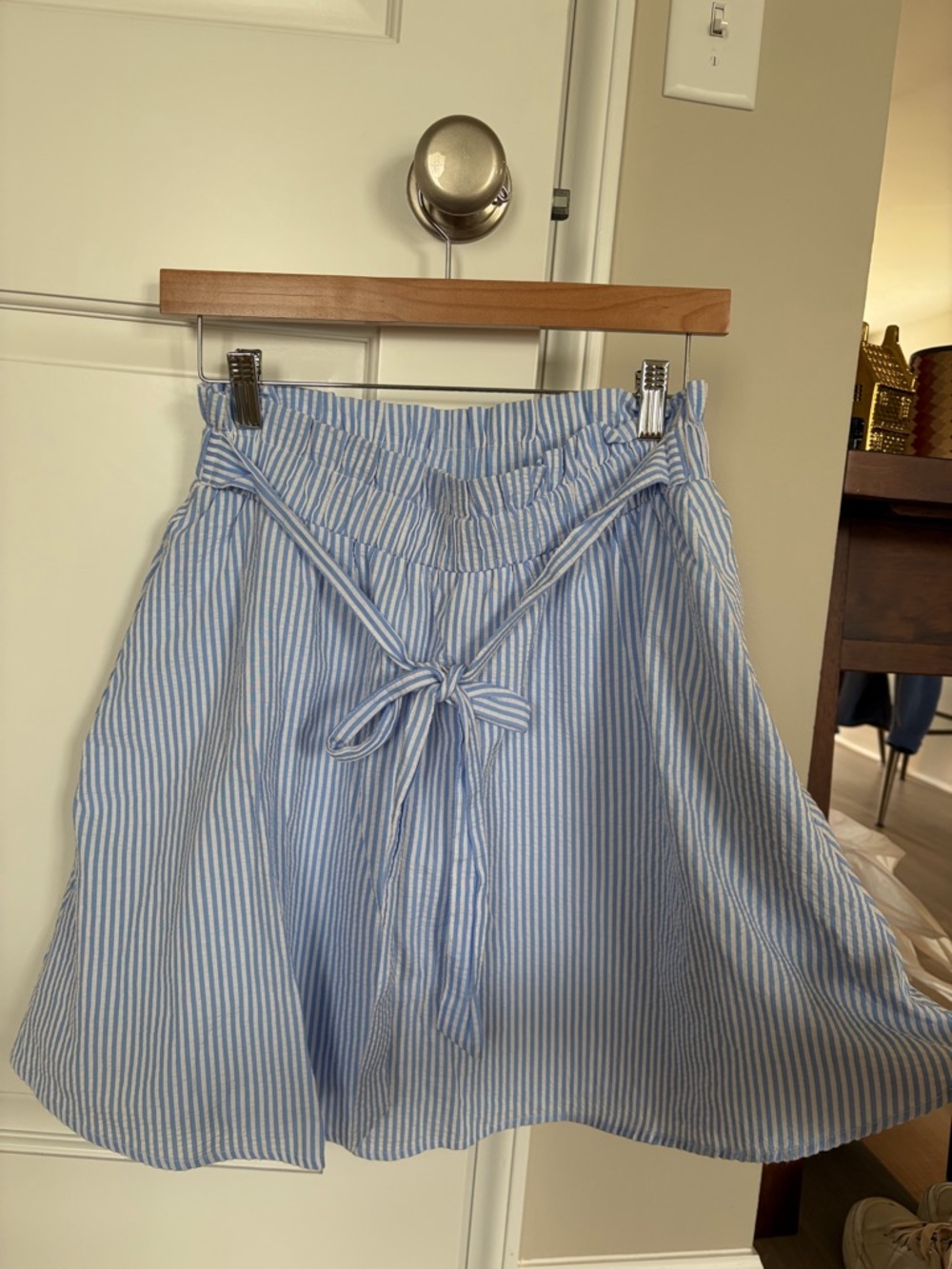 Blue & White Striped Paperbag Skater Skirt with Tie